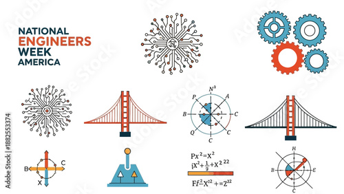 Illustrations of engineering concepts and symbols for National Engineers Week in America, featuring a worker character and building project elements.
