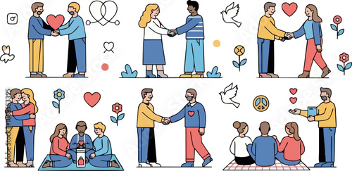 People relationship and social interaction flat vector illustration set.