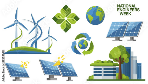 Illustrations of renewable energy sources and eco-friendly practices for National Engineers Week in America, featuring solar panels, wind turbines, and a green building project with a