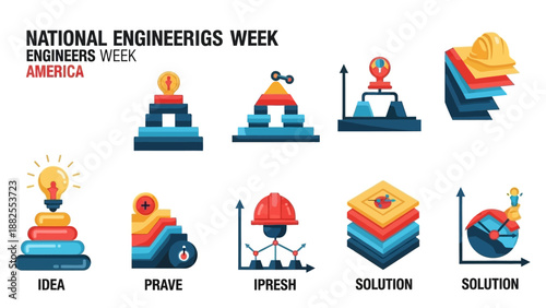 Illustrations depicting engineering concepts for National Engineers Week in America, showcasing a worker and building project with colorful, stylized graphics and a character representing
