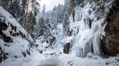 frozen waterfall in winter forest