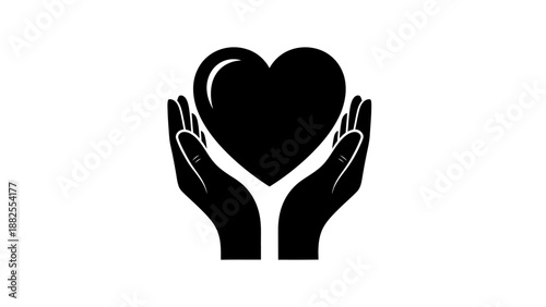 Hands holding heart icon, care and charity concept silhouette.