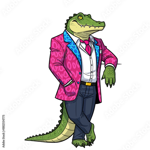Stylish Crocodile Man in Pink Suit with Tie, Leaning Confidently