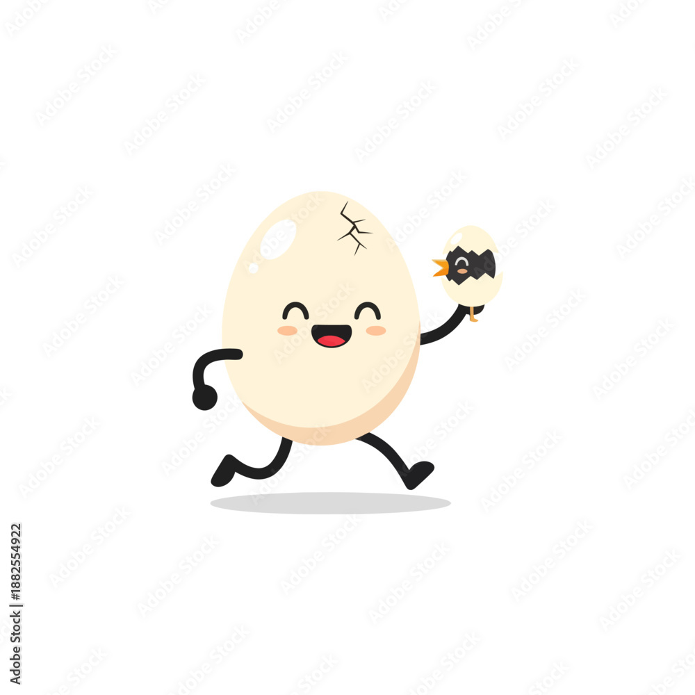 Fototapeta premium Cute cartoon egg character running with a newborn chick