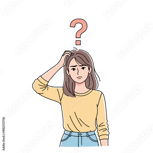 A cartoon woman with a puzzled expression scratches her head under a large question mark in a simple, illustrative style with a neutral mood.