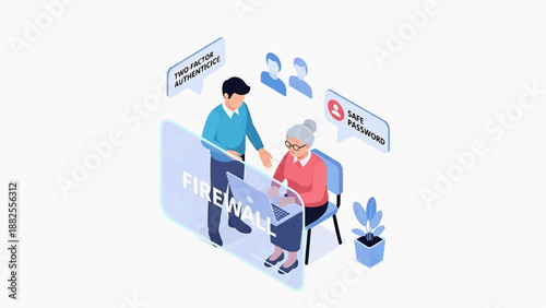 Man and elderly woman using digital device together, interacting with financial information on screen in a modern setting from an angled viewpoint