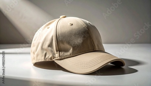A beige baseball cap on a white surface with soft shadows and natural lighting