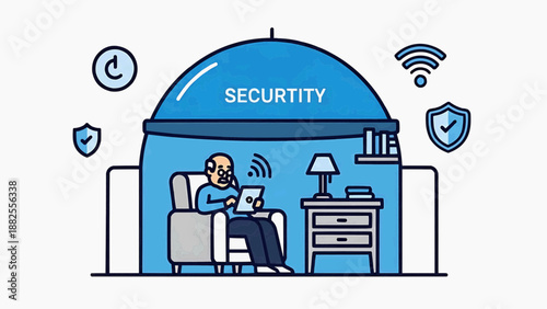 A man sitting in a chair working on a laptop surrounded by security icons in a protected environment viewed from the side