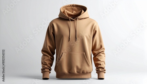Front view of a realistic earth-tone hoodie with soft even lighting on a neutral background