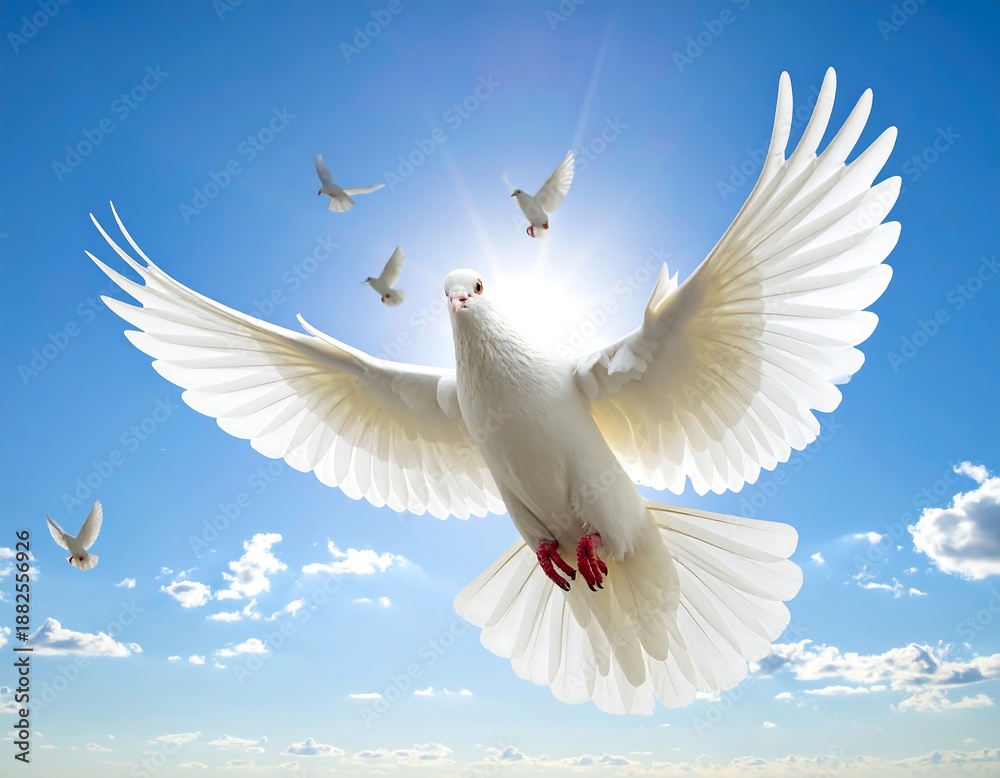 Fototapeta premium A flock of white birds flies through a sunny, blue sky, with a bright sunburst emanating from behind the central bird