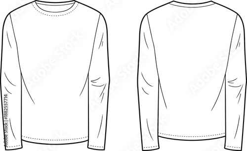 Front and back view flat sketch of a long sleeve t-shirt with crew neck and cuffed sleeves on a white background Keywords: t-shirt, long sleeve, crew neck, cuffed sleeves, flat