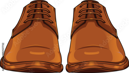 Front view vector illustration of a pair of men's cream or beige leather shoes. Stylish wedding and groom footwear with laces isolated on white background. Modern light color design.