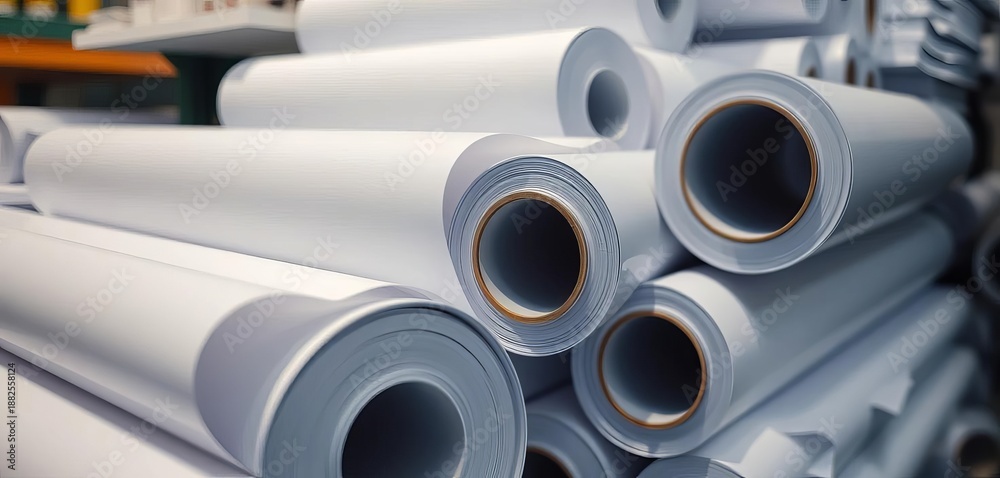 Fototapeta premium Close-up of stacked rolls of white paper, ready for printing, pile, copy paper