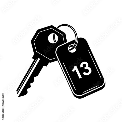 Black and white illustration of a key with tag number 13.