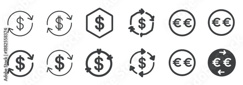 Currency exchange symbols with dollar and euro icons connected by arrows for financial transfer and conversion concepts