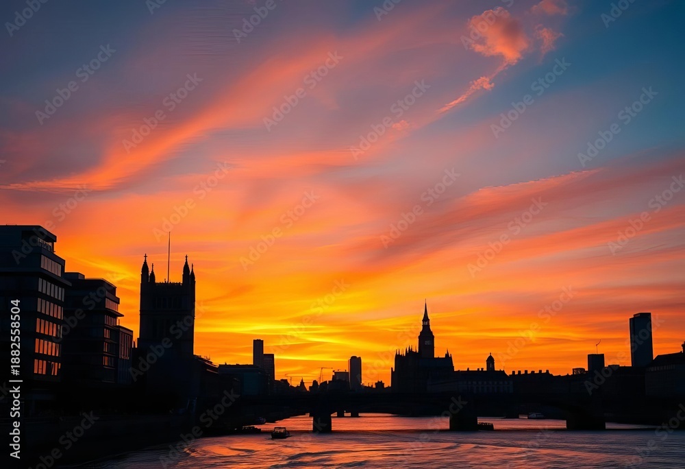 Obraz premium Iconic London skyline silhouette at sunset, buildings dark against vibrant sky, metropolis, britain