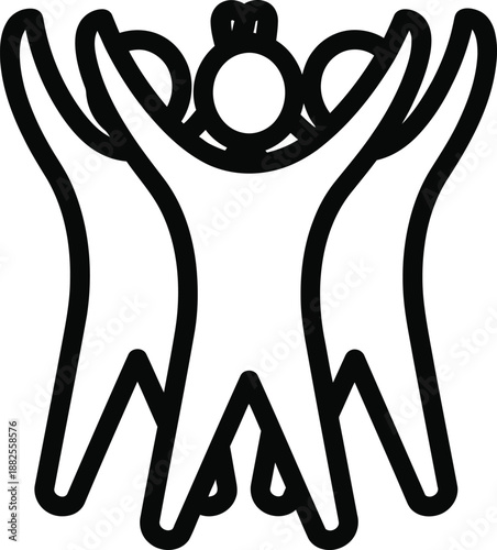 Minimalist line art icon of a triumphant team of three with a crowned leader and raised arms.