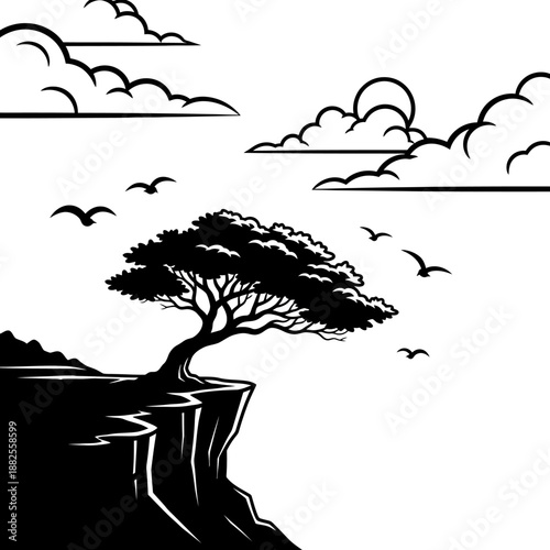 Lone Tree on Cliff Edge Under Cloudy Sky with Flying Birds