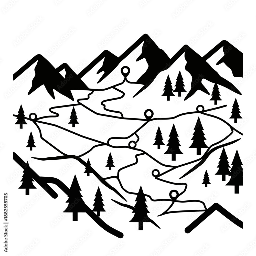 Fototapeta premium Abstract Mountain Landscape with Trails and Pine Trees - Black and White Illustration