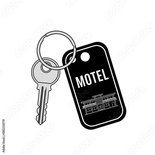 Motel Key Fob with Building Illustration and Metal Key on Ring