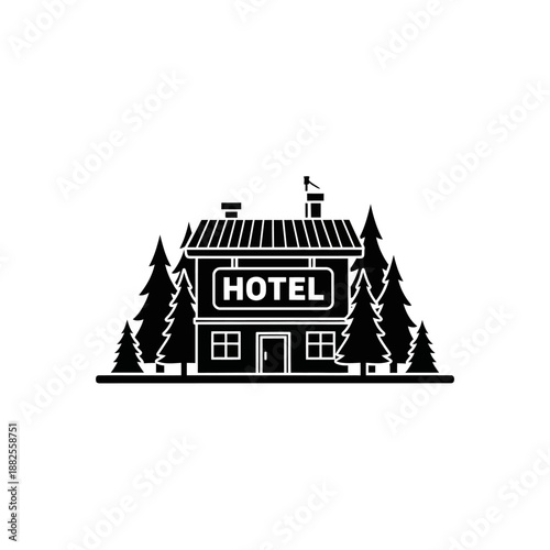 Rustic hotel building surrounded by pine trees, forest lodge silhouette icon