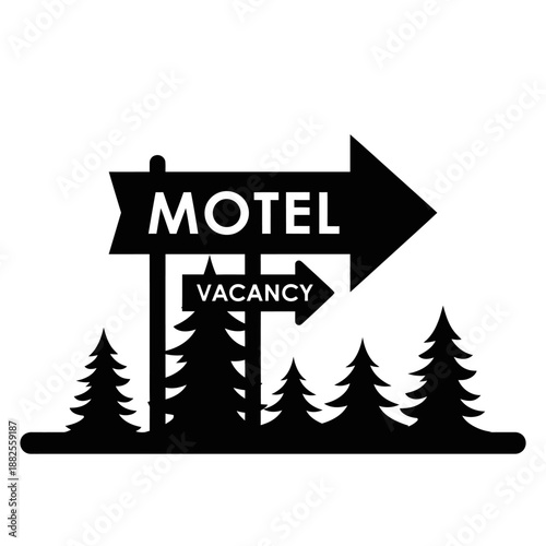 Motel Vacancy Sign with Pine Trees - Roadside Accommodation Direction
