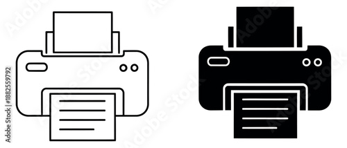 Line art and solid printer icon set featuring an outline and glyph style for technology and office design