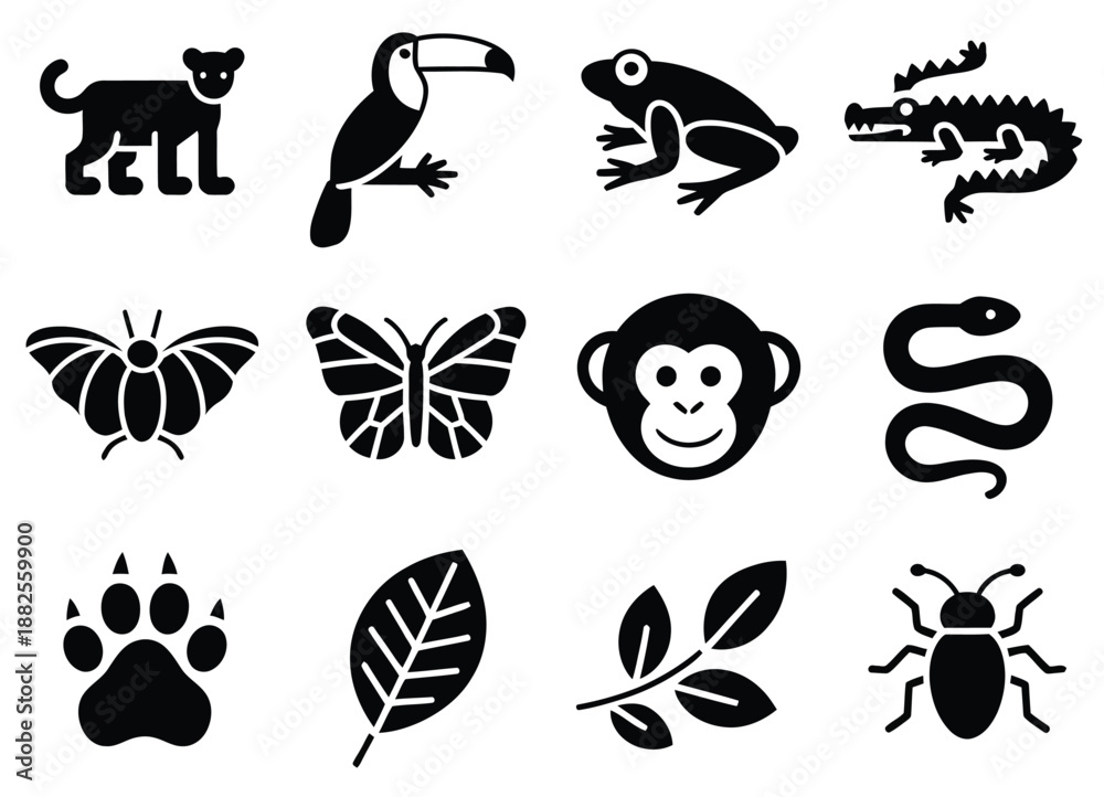 Fototapeta premium Jungle wildlife icons featuring jaguar toucan tree frog crocodile and bat silhouettes in solid style