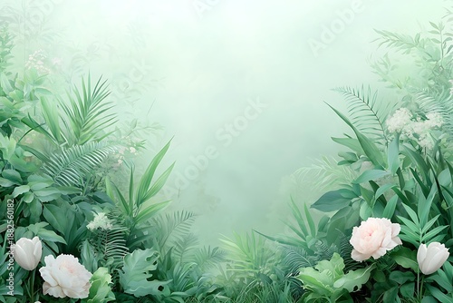 Lush Botanical Background with Soft Green Hues and Delicate Floral Accents for Design
