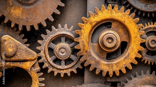 Close up of interlocking rusty metal gears from a large industrial machine
