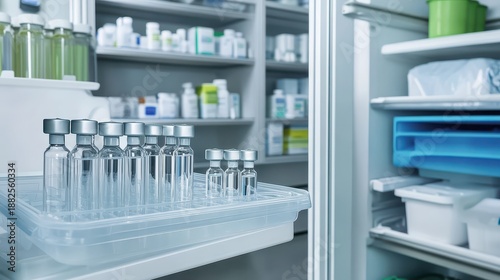 Clear plastic trays holding multiple glass vaccine vials on shelves inside a medical storage facility