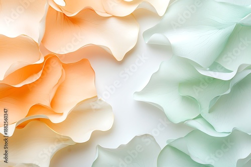 Elegant Abstract Floral Background with Soft Peach and Mint Green Petals on White Surface