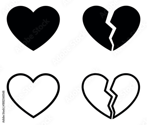 Modern icon set featuring whole and broken heart symbols, in both solid and outline styles, for love and emotion concepts