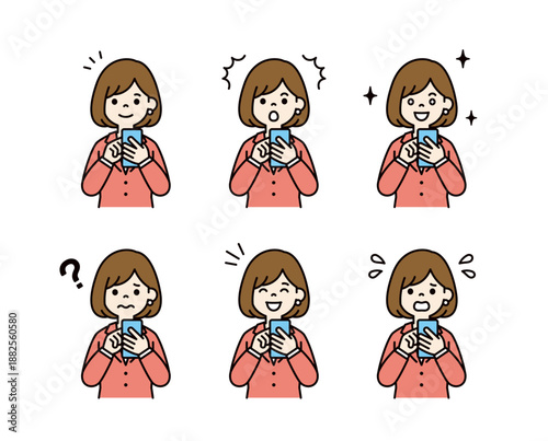 スマートフォンを操作する、スーツを着た女性の様々な表情のベクターイラスト素材セット＿カラー
