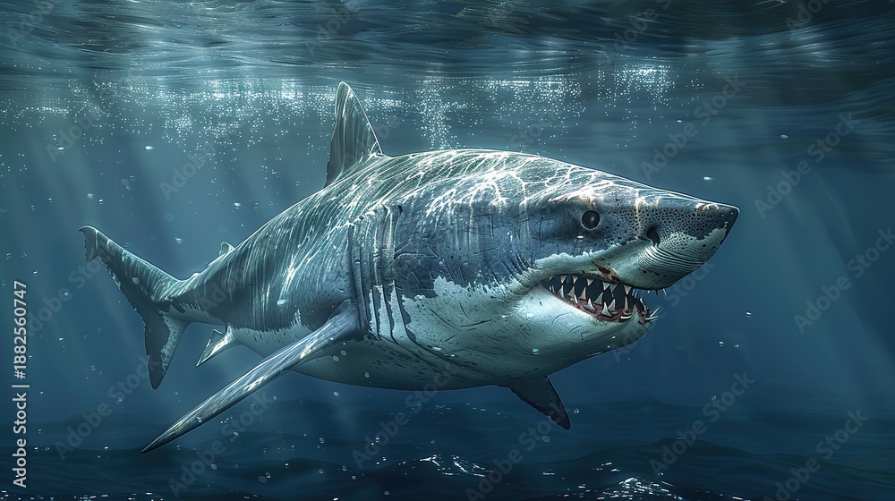 Fototapeta premium Great White Shark Swimming in Sunlit Ocean, Ideal for ocean conservation campaigns, wildlife documentaries, adventure travel promotions, or educational content.