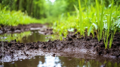 Close up view of dark viscous organic matter and water forming a muddy path in a lush green natural environment