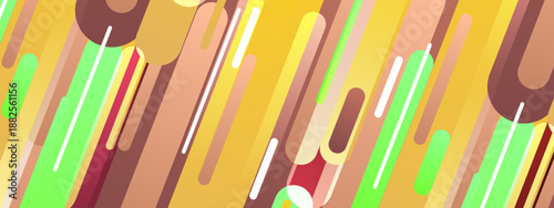 Composition of vertical and diagonal rounded pill shapes in yellow green and brown tones for a retro feel
