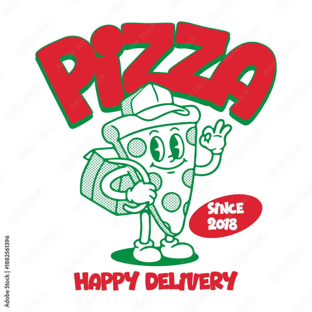 Fototapeta premium Vintage cartoon illustration of pizza vector t shirt design, vector graphic, typographic poster or tshirts street wear and Urban style