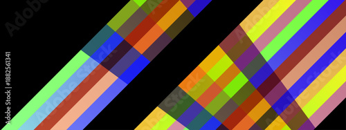 Two thick diagonal bands featuring a colorful plaid mosaic pattern crossing a solid black background