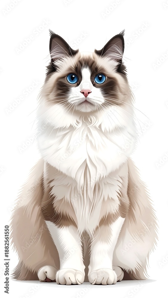 Obraz premium A fluffy, digitally rendered cat with striking blue eyes and a white and brown coat sits in a frontal portrait against a pure white background