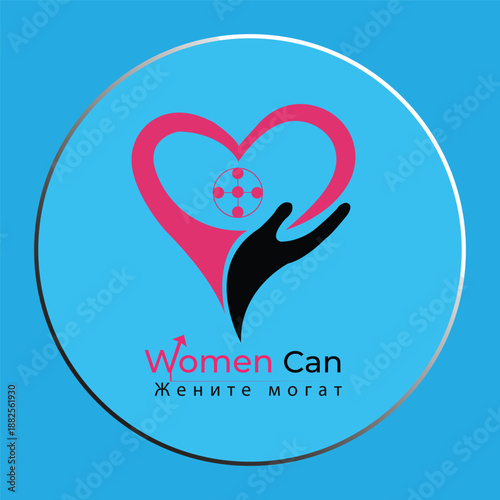 Women Can" empowerment logo design featuring pink heart, caring hand, and feminine symbols on blue background.