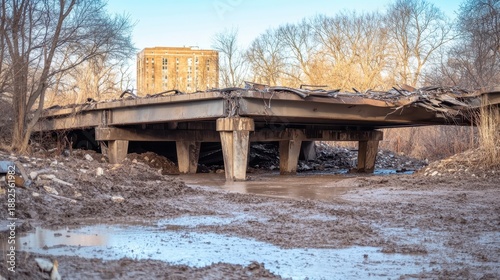Wallpaper Mural Damaged concrete bridge structure with twisted metal support beams and surrounding debris under a bright sky Torontodigital.ca