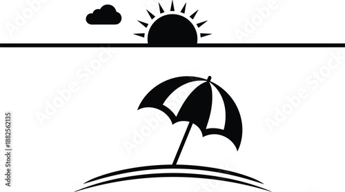 Beach umbrella on sand with sunrise and cloud icon, summer vacation seaside symbol, minimal black vector illustration