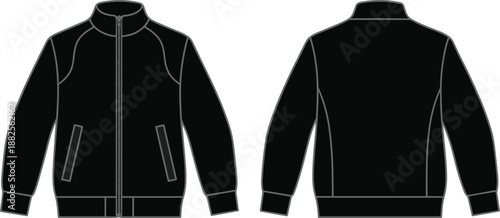 Black men bomber jacket vector mockup, front and back view, long sleeve zip-up sweatshirt template, fashion technical drawing, flat sketch illustration