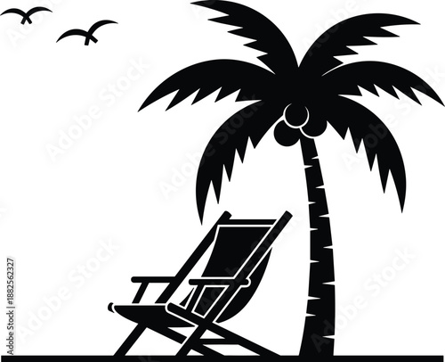 Tropical beach silhouette scene, palm tree deck chair birds, summer vacation travel concept, seaside relaxation black vector illustration