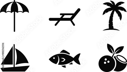 Summer beach solid icons set, umbrella lounge chair palm tree sailboat fish fruit, tropical vacation lifestyle vector illustration