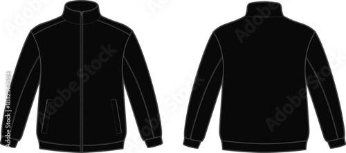 Black zip-up jacket technical sketch, vector illustration showing front and back views, isolated on white background for fashion design templates