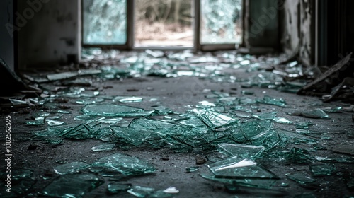 Sharp shards of broken glass litter a damaged pathway in a neglected outdoor environment with a view through broken windows
