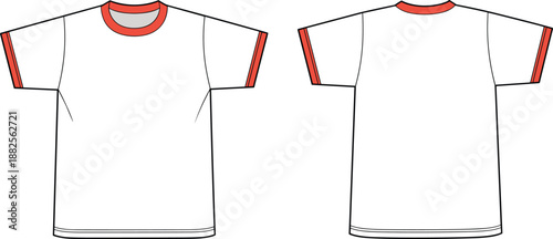 Blank White Ringer T-Shirt Vector Template with Red Collar and Sleeve Ribbing, Front and Back View Technical Fashion Flat Sketch Illustration
