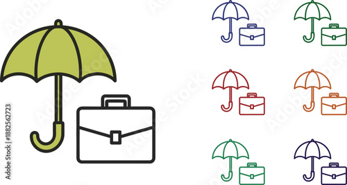 Business insurance protection icon set with umbrella and briefcase symbols, financial security, risk management, corporate safety flat vector illustration